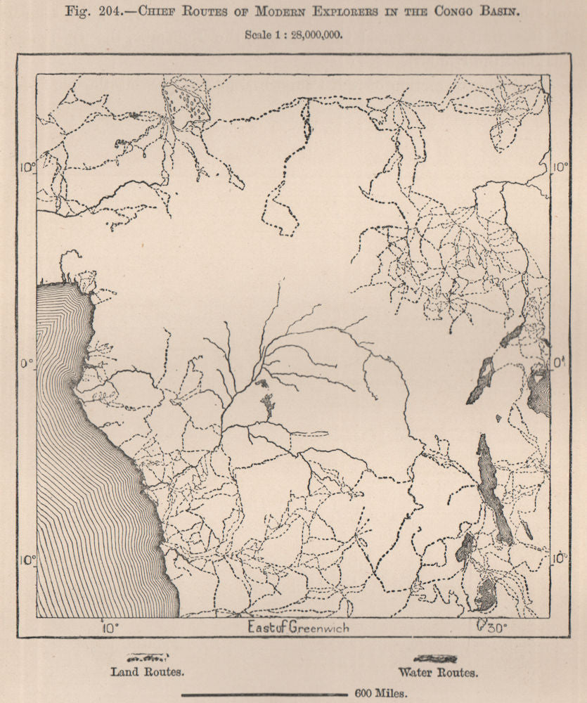Chief routes of modern explorers in the Congo Basin 1885 old antique map chart